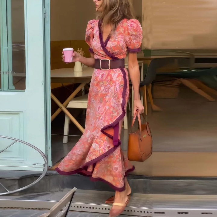 Angelina | Elegant Pink Short Sleeve Maxi Dress
